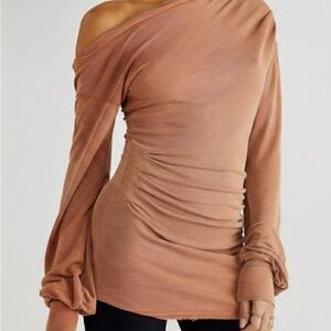 Free People Off-Shoulder Ruched Tunic in Tan
